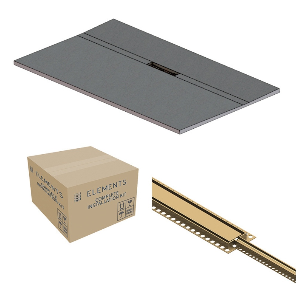 Product cut out image of the Abacus Elements Linear Uno 1800mm x 900mm Brushed Brass Offset Drain Wetroom Former Kit
